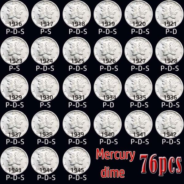 76 unidades de moedas dos EUA 1916-1945 cópias de mercúrio moedas brilhantes de diferentes idades conjunto de moedas banhadas a prata 2391