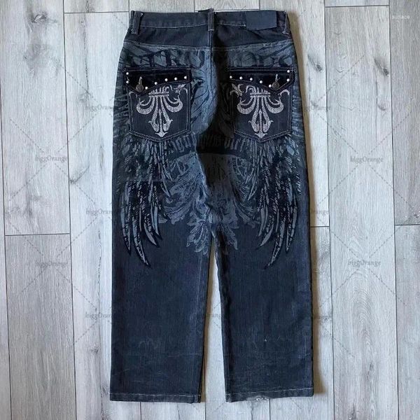 Herren Jeans Gothic Street Trend Mode Multi-Pocket Hose Y2k High Waist Washed Black Large Size Loose Straight Leg