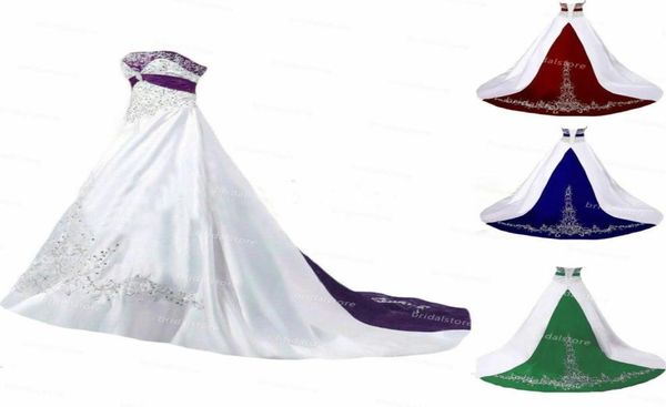 Civil gótico branco e roxo vestidos de casamento com bordado vintage plus size cetim país boho vestidos de noiva verde vermelho preto bo7504267