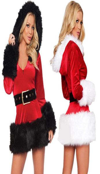 Nova senhora vestido com capuz pele lingerie trajes sexy desempenho natal inverno roupas branco vermelho vestidos para women8181616