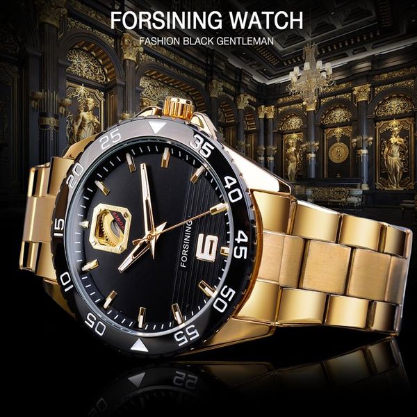 Forsining relógios mecânicos masculinos 40mm, relógios masculinos automáticos de marca de luxo, dourado, aço inoxidável, à prova d'água, mãos luminosas clo251f