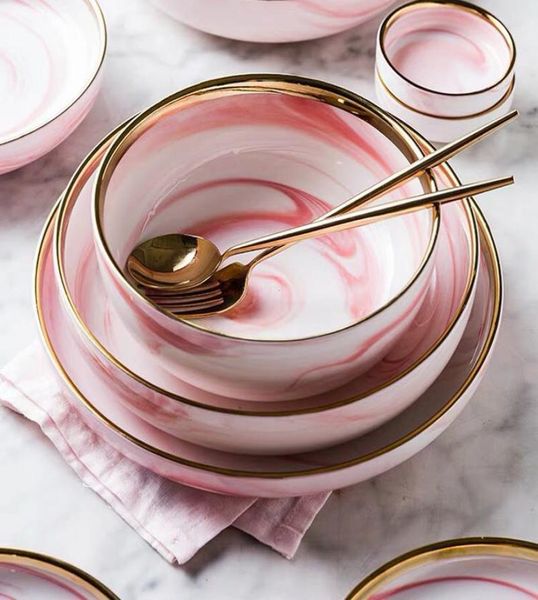 Розовый мрамор Керамическая тарелка для ужина Тарелка для риса Салат с лапшой Чаша Суповые тарелки Фарфоровые наборы столовой посуды Посуда Кухонный инструмент для повара T22975412