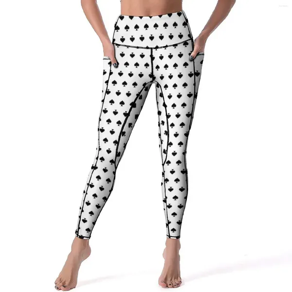 Leggings femininas jogando poker sexy espadas cartão ternos fitness yoga calças push up elástico calças esportivas com bolsos retro