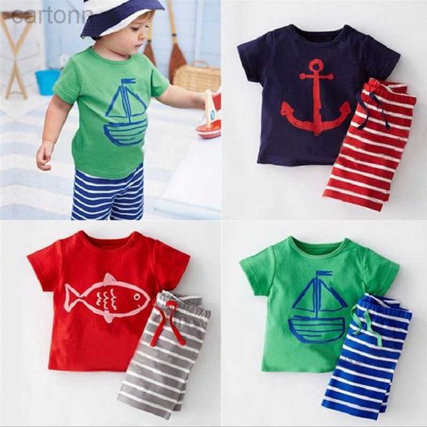 Conjuntos de roupas casuais para bebês meninos ternos de verão marinheiro crianças camiseta listrada calças curtas conjuntos 100% algodão infantil mar marinho âncora camiseta ldd240311
