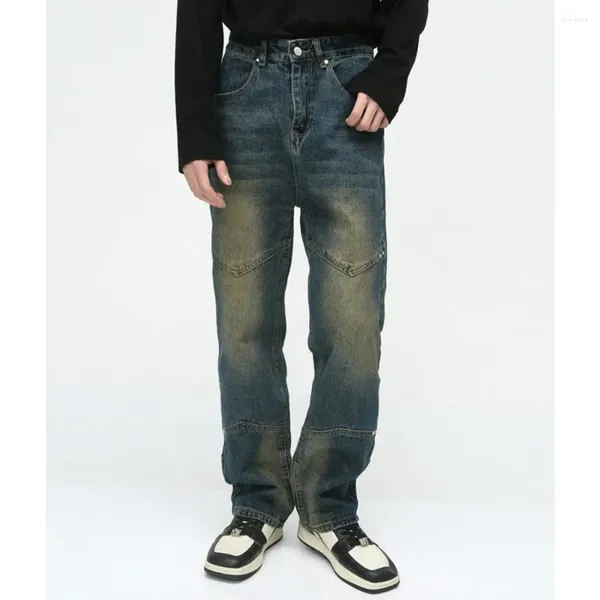 Männer Jeans Koreanische Vintage Stil Spleißen Entwickeln Retro Waschen Gerade Mode Zipper Persönlichkeit Baumwolle Lose Einfarbig