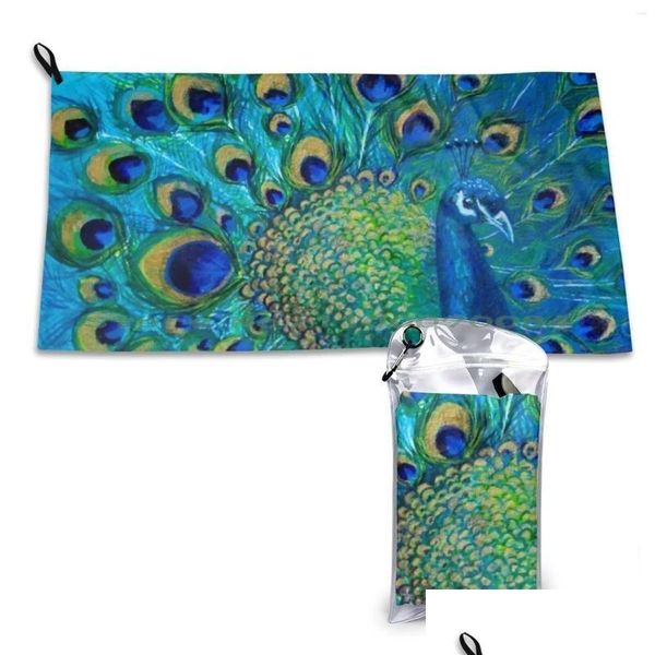 Toalha FL Glória Pavão Quick Dry Ginásio Esportes Banho Portátil Arte Peafowl Peahen Olho Iridescente Azul Pássaro Dourado Natureza Gota Entrega Home G Otd16