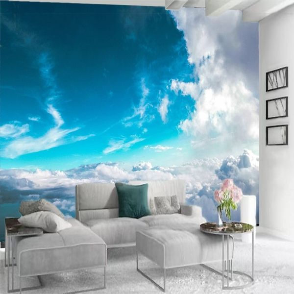 Papel de parede 3d paredes lindo céu azul e nuvens brancas cenário romântico sala de estar quarto cozinha decorativa mural de seda wallpape234o