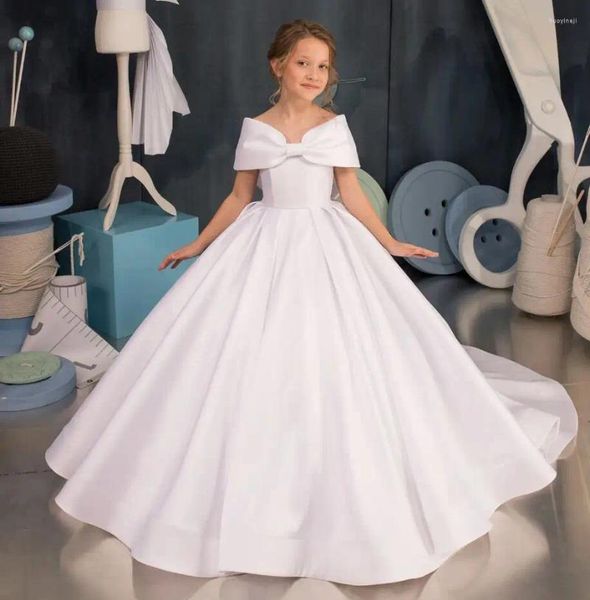 Vestidos de menina elegante branco cetim flor vestido de festa de casamento bebê meninas vestido inchado princesa arco primeira comunhão