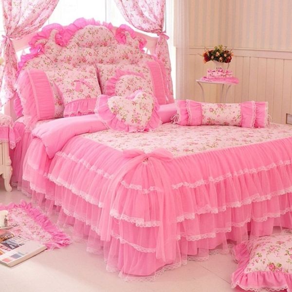 Корейский стиль розовое кружевное покрывало комплект постельного белья king queen 4 шт. принцесса пододеяльник юбки для кровати постельное белье хлопок домашний текстиль 201114312F