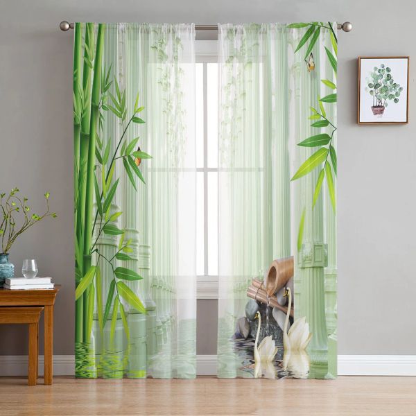 Cortinas de bambu cisne pilar superfície água pedra tule para sala estar quarto cozinha chiffon sheer janela tratamento decorações