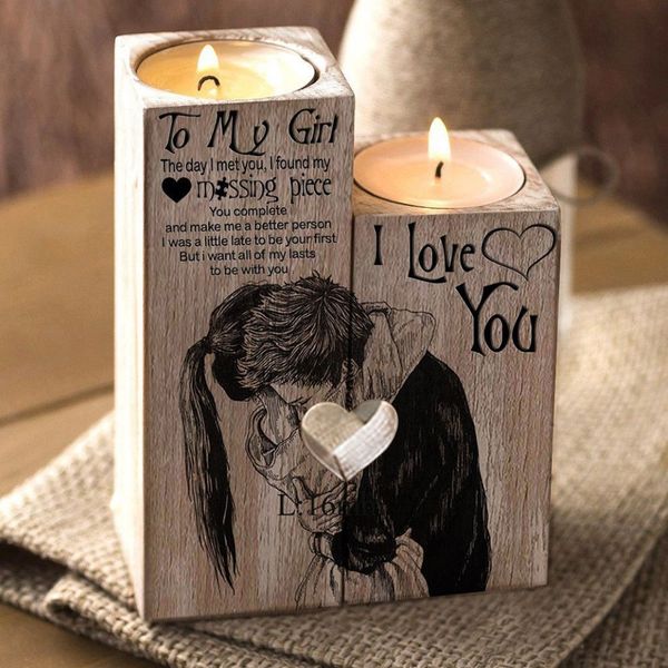Para minha menina 2 pçs conjunto em forma de coração artesanato castiçal de madeira prateleira dia dos namorados decoração presente castiçais ho3277