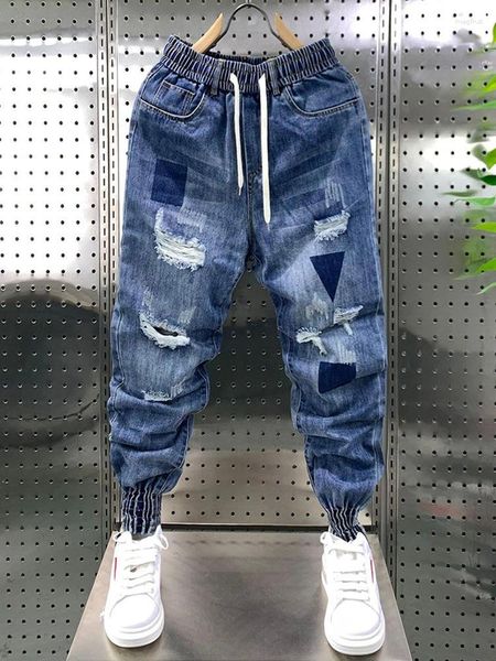 Jeans masculinos elegantes buracos retalhos harajuku hip hop calças de rua roupas de marca de alta qualidade