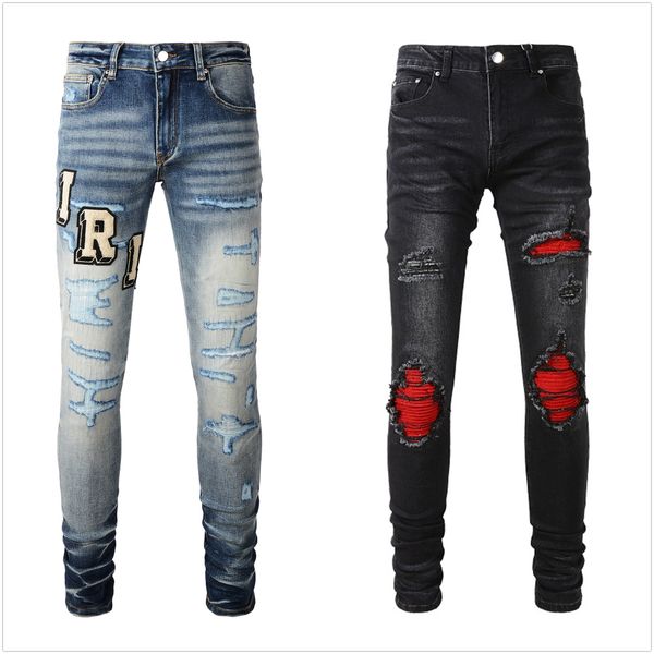 Jeans roxodesigner para homens jeans Calça de caminhada rasgada Hip hop High Street Fashion Brand Pantalones Vaqueros Para Hombre Motocicleta Bordado Fechamento