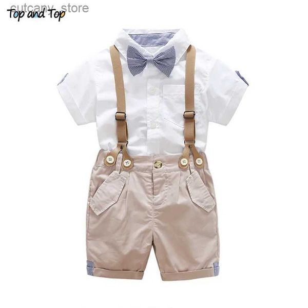 T-Shirts Top und Top Sommer Kleinkind Baby Jungen Kleidung Sets Kurzarm Fliege Hemd + Hosenträger Shorts Hosen Formelle Gentleman Anzüge L240311