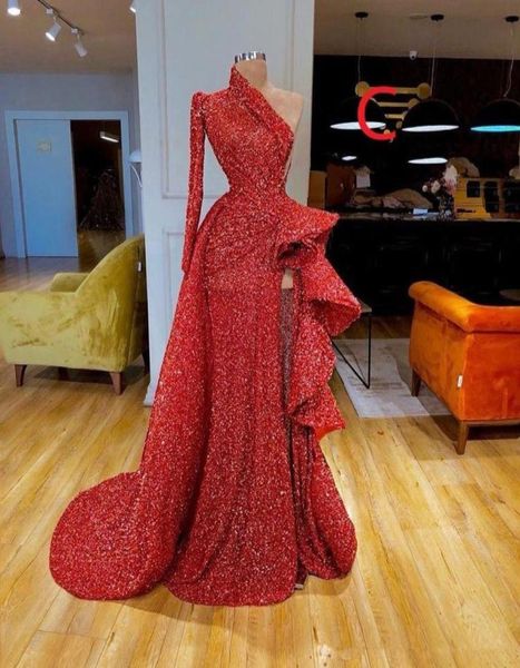 Wunderschöne langärmlige rote Meerjungfrau-Abendkleider 2019, elegantes sexy Abendkleid mit Pailletten, formelle Abendkleider, Robe de Soiree Abendkl8720776