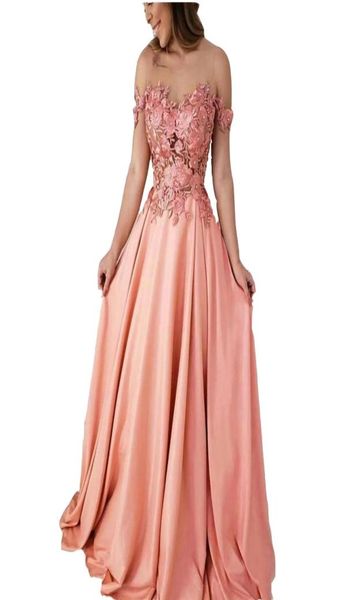 2022 Sexy Pfirsich ALine Lange Brautjungfer Kleider Bodenlangen Blume Spitze Applikationen Kristall Satin Off Schulter Abendkleid vestido8814856