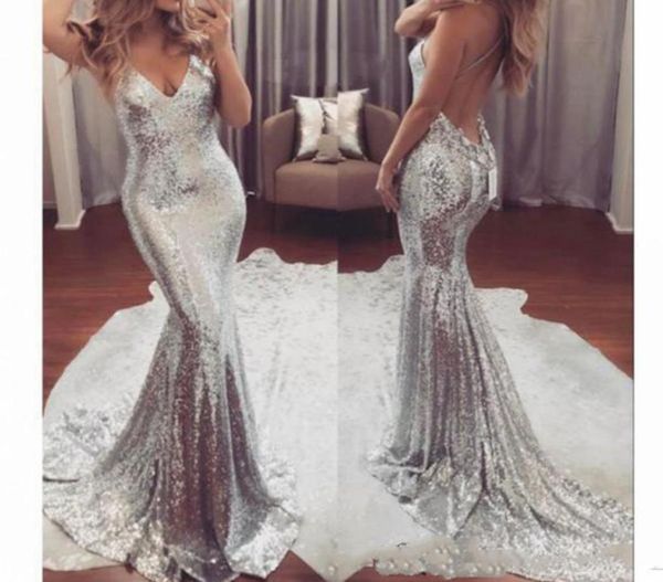 Seksi Gümüş Sequin Gece Elbise Uzun V Boyun Ucuz Parti Gowns Sırtsız Süpürme Treni Kadınlar İçin Resmi Prom Elbise 2964565