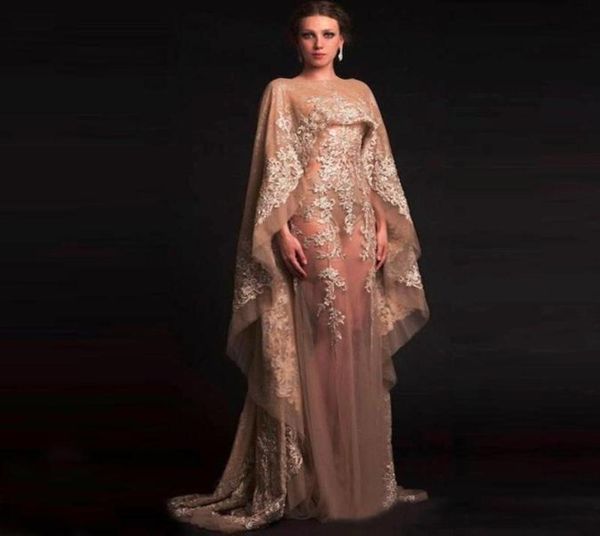 2020 Neues, einzigartiges arabisches Kaftan-Champagner-Chiffon-Kleid, sexy, transparente Abziehbilder, Abendkleid in Dubai und Dubai-Partyschal-Roben8617082