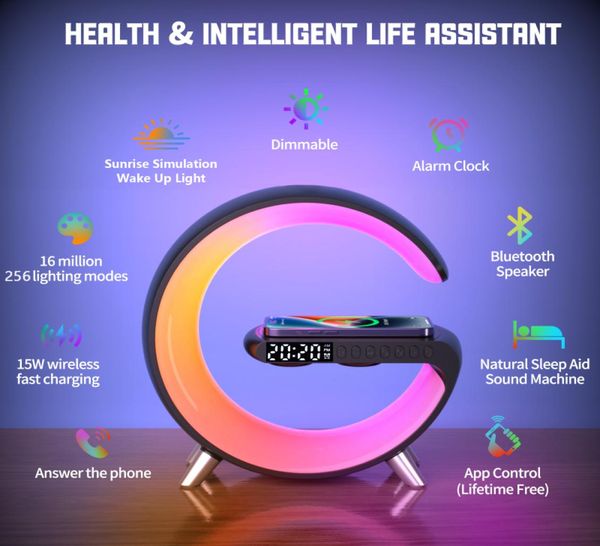 Smart Wake Up Light Sunrise Alarm Clcok mit 15 W Schnelllade-Wireless-Ladegerät Bluetooth-Lautsprecher für Erwachsene mit schwerem Schläfer in der Umgebung L3270152