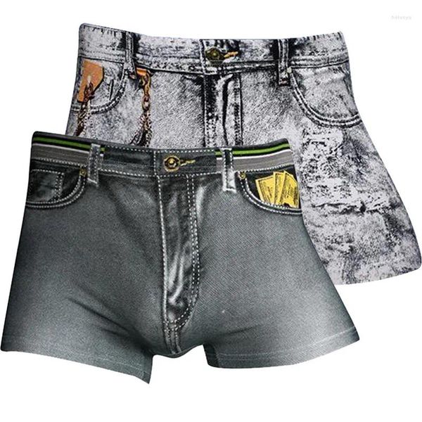 Cuecas 3D Imprimir Jeans Curtos para Homens Sexy Respirável Cueca Boxers Casual Alta Elástica Macia Fina Calças Confortáveis 2024