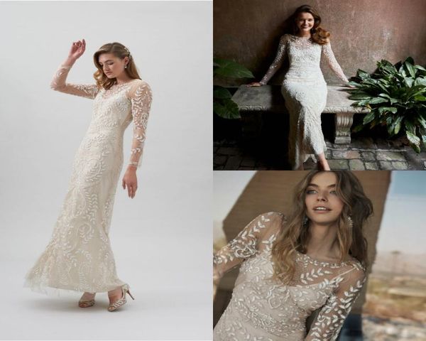 2019 Bhldn Sereia Vestidos de Casamento Jewel Neck Tornozelo Comprimento Lace Appliqued Bead Mangas Compridas Vestido de Noiva Personalizado Elegante Nupcial Go5903131