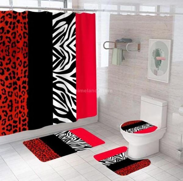 Duschvorhänge Zebra Leopard Rot Schwarz Vorhang Badezimmer Set Mode Muster Bad Rutschfeste Toilettenabdeckung Boden und Matte Teppich SetsShow9811442