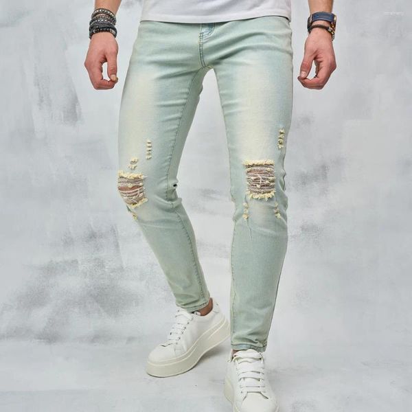 Jeans masculinos homens estilo retro estiramento buracos magro streetwear masculino elegante magro angustiado sólido casual calças jeans para