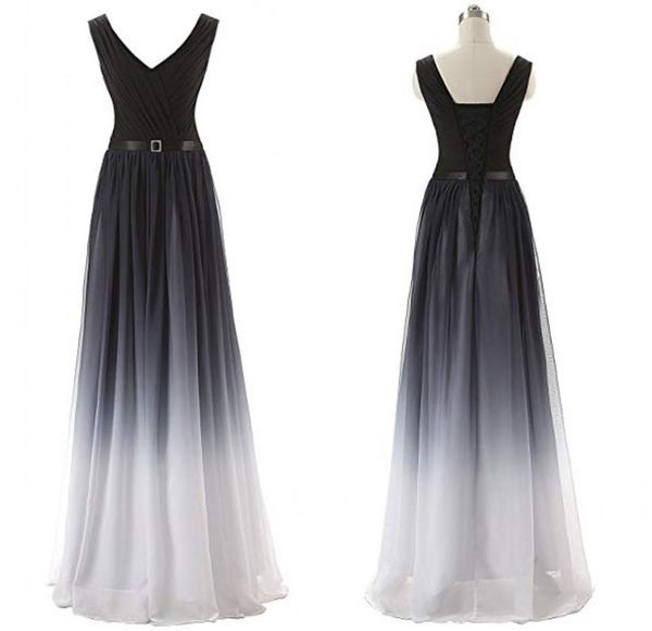 Imagem real 2019 decote em v vestidos de baile uma linha até o chão feminino039s cor gradiente preto branco chiffon formal vestido de noite longo 3185981