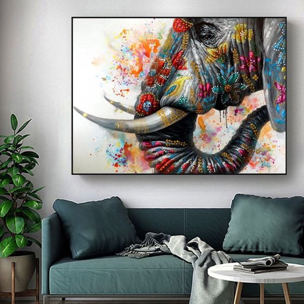 Pintura em tela de elefante colorido, posteres e impressões de animais, arte de parede para sala de estar, decoração moderna para casa 2867