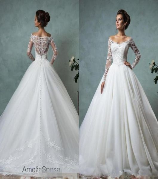 Винтажное свадебное платье Amelia Sposa 2020, с длинным рукавом и v-образным вырезом, аппликациями, кружевное свадебное платье, вечернее платье1045566