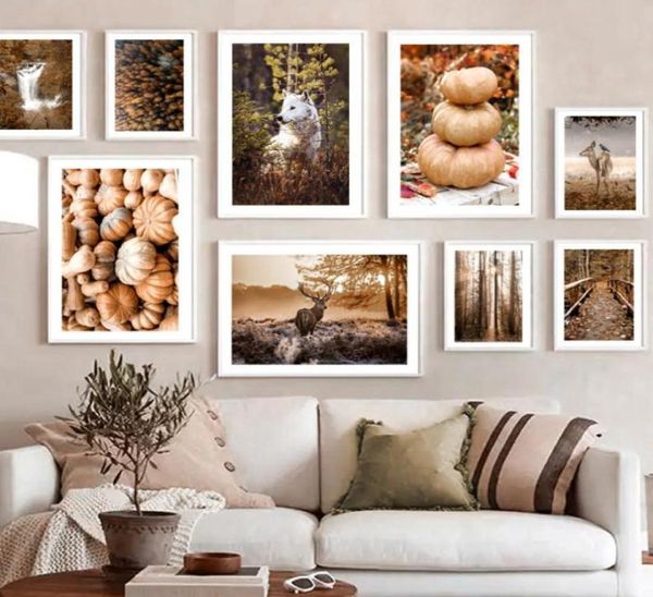 Gemälde Herbst Wald Hirsch Brücke Wasserfall Kürbis Wand Kunstdruck Leinwand Malerei Nordic Poster Bilder für Wohnzimmer Dekor4291120