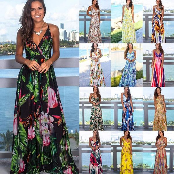 Lässige Kleider Multi Color Tropical Jungle Leaf Bohemian Langes Kleid Hosenträger Kreuz Zurück Weiblicher V-Ausschnitt Party Nacht Elegant Sexy