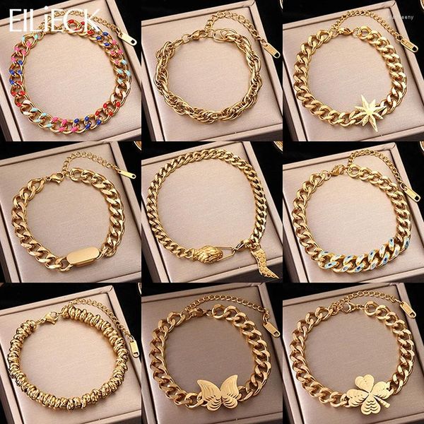 Link Pulseiras Eilieck 316L Aço Inoxidável Borboleta Trevo Cor de Ouro Pulseira de Cadeia Grossa para Mulheres de Alta Qualidade Jóias de Pulso Não-desvanecimento