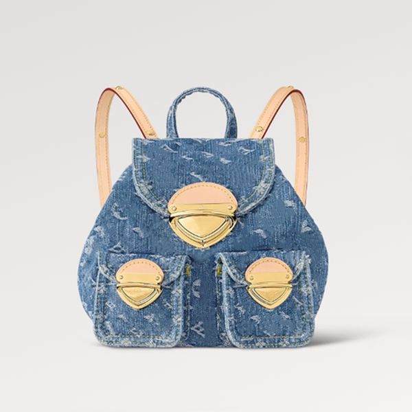 Explosion Damen M46836 New Remix Venice kleine Rucksacktasche Denim mit drei goldenen Steckverschlüssen, Klappentaschen, groß, blau, Global Organic Standard Canvas, natürlich