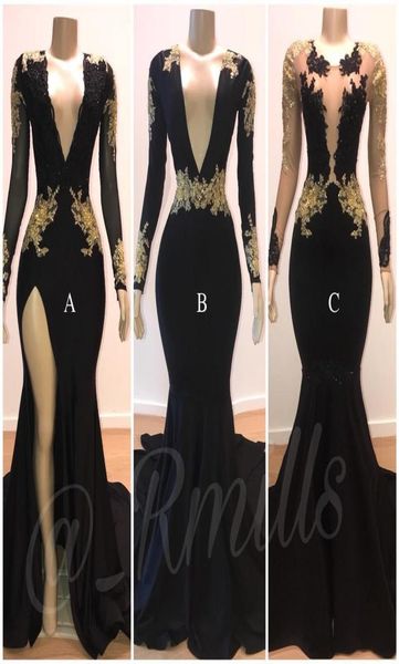 Preto Sheer V Neck Prom Vestidos Split Side Alta Sereia Mangas Compridas Preto Com Ouro Lace Applique Vestidos de Noite Formals Wear Spec1097096