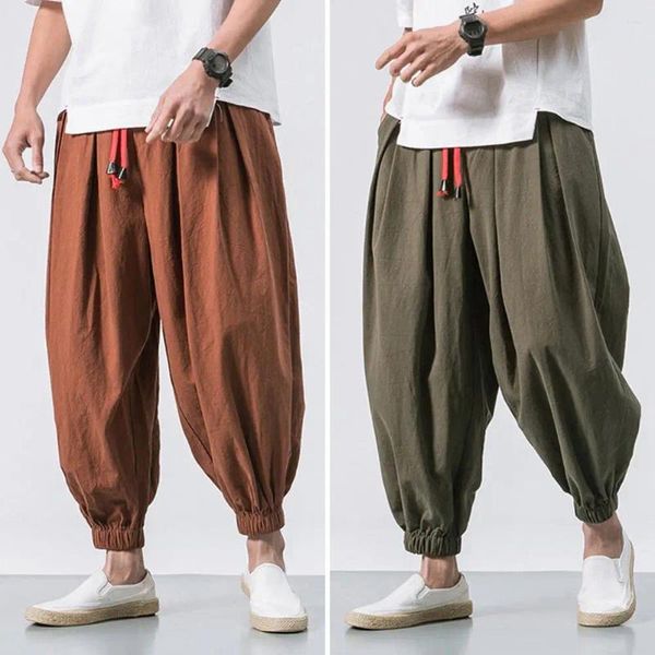 Мужские брюки, весенние мужские свободные шаровары с ремешками на щиколотке, однотонные джоггеры с эластичной резинкой на талии, эластичные брюки, спортивная одежда, спортивные штаны