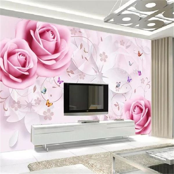 Benutzerdefinierte beliebige Größe 3D-Tapete Rose dreidimensionale Blume Schmetterling fliegen TV-Hintergrund Wanddekoration Wandbild Wallpapers2495