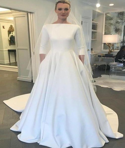 Neue Aline Crepe Modest Brautkleider mit 34 Ärmeln, U-Boot-Ausschnitt, Knöpfen am Rücken, schlichte, elegante, bescheidene Brautkleider mit Taschen7723602