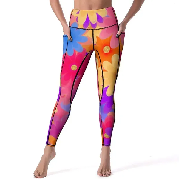 Damen-Leggings, bunte, leuchtende Blumen, Hippie-Aufdruck, Fitness-Yoga-Hose, hohe Taille, atmungsaktive Leggins, schnell trocknende grafische Sport-Leggings