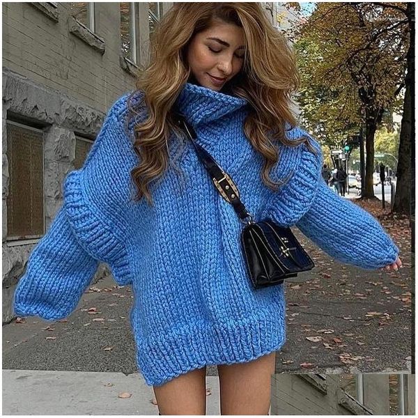 Suéteres femininos Mulheres suéteres Plover Knit Sweater Fluffy Manga Longa Tops Inverno Oversized Pescoço Alto Quente Engrossado para Drop Deliv Dhtlu