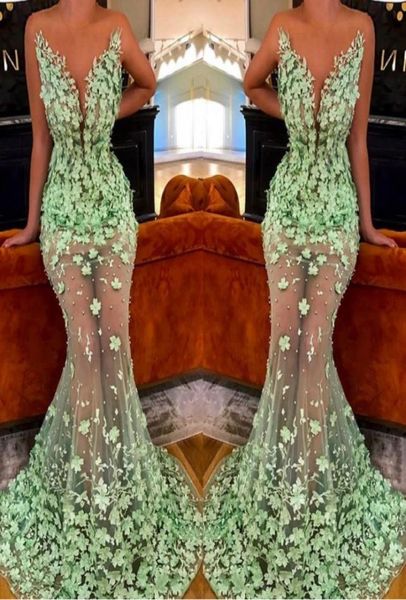Limettengrünes, durchsichtiges Meerjungfrau-Abschlussballkleid 2019, 3D-Blumenapplikationen, transparenter Juwelenausschnitt, ärmelloser Tüll, bodenlang, Celebrity Even2470490