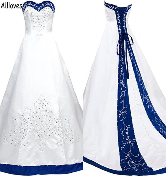 Königsblaue und weiße A-Linie-Hochzeitskleider im Retro-Stil, Country-Cowgirl, herzförmiger Satin-Stickerei, Spitze, Perlen, Brautkleider mit Korsettrücken 4313940