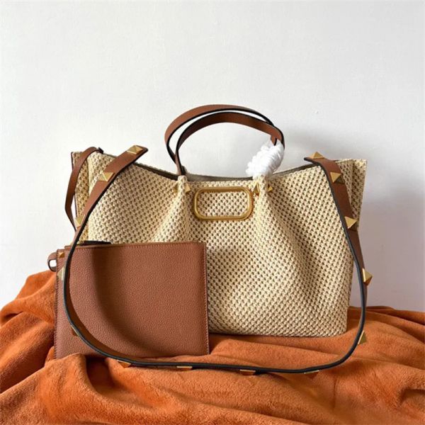 Vintage Damen Totes Composite Bag Mode RAFFIA Goldene Buchstaben Umhängetaschen Designer Luxus Echtleder Geldbörse Lässige Umhängetaschen Flache Geldbörsen