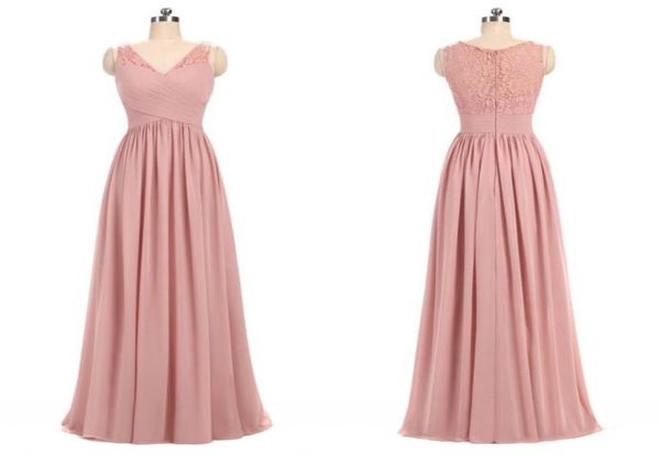 Dusty Rose Rosa Chiffon Lace Vestidos de dama de honra com decote em V plissado babados até o chão longos vestidos de dama de honra vestidos de festa de casamento 7280181