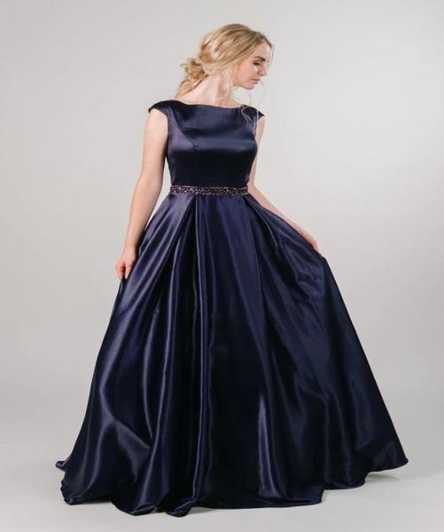 Abiti da ballo modesti in raso Aline blu navy con maniche ad aletta Collo gioiello Vita in rilievo Abiti da sera modesti formali per adolescenti Custom Made6570355