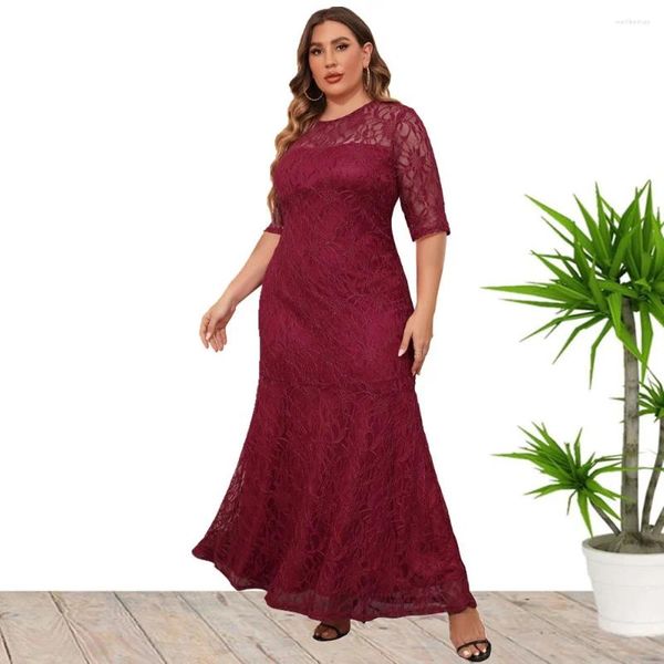 Freizeitkleider A Lin Plus Size Damen Kleidung Frühling Sommer Mode Elegante Spitze O-Ausschnitt Kurzarm Maxirock Abend Hochzeit Partykleid