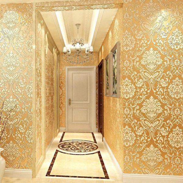 Goldene 3D-geprägte Tapete für Zuhause, Rolle, klassisches silbernes Blumenmuster, Wohnzimmer-Wandpapier, Schlafzimmer, TV-Hintergrund, Dekor3235