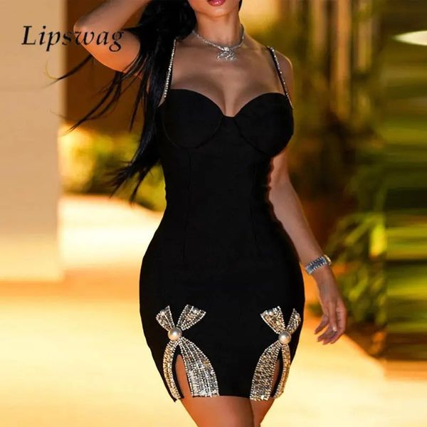 2024 Sexy Spice Girl Bow Diamond Dress Moda Sling Low Cut Backless Party Club Vestido Elegante Senhoras Split Hip Wrap Vestidos240311