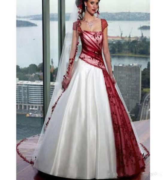 Vintage-Hochzeitskleid in A-Linie in Weiß und Burgunderrot für Damen, quadratischer Ausschnitt, Spitzenapplikationen, Flügelärmel, Übergröße, Schnürung, Gothic-Korsett Co2830460