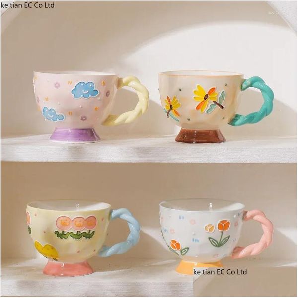 Tassen Europäische handbemalte Relief-Keramik-Tasse Schöne Zuhause-Kaffeetasse Große Kapazität Tee-Blumen-Design Sense Drop-Lieferung Gartenküche Ottym